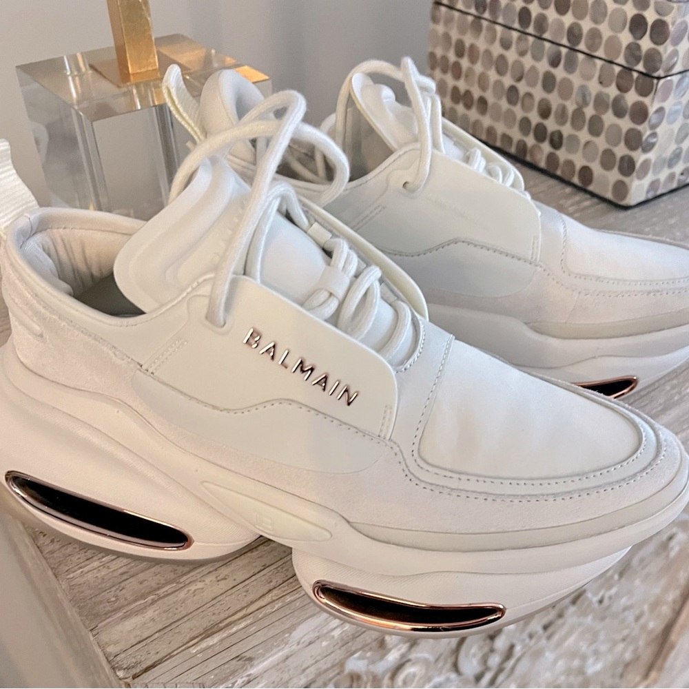 New Balmain White B-Bold Pointed Toe Platform Sneakers Size 38/8